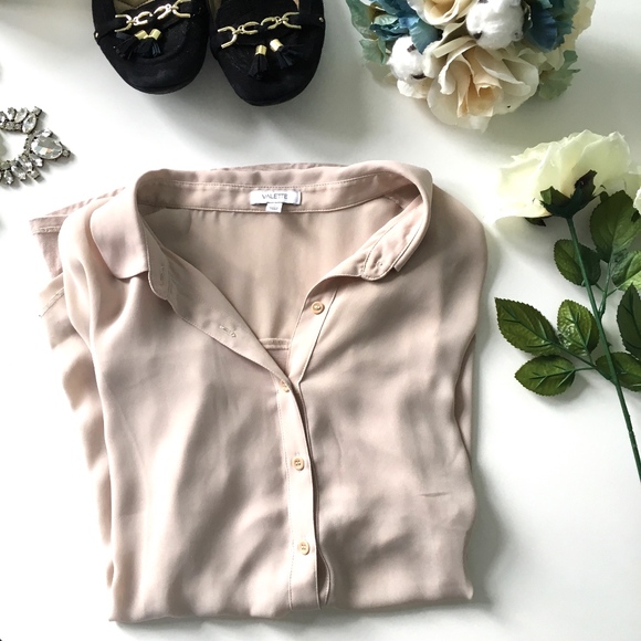 Valette Tops - Beige Mixed-Media Button-Down Collared Blouse