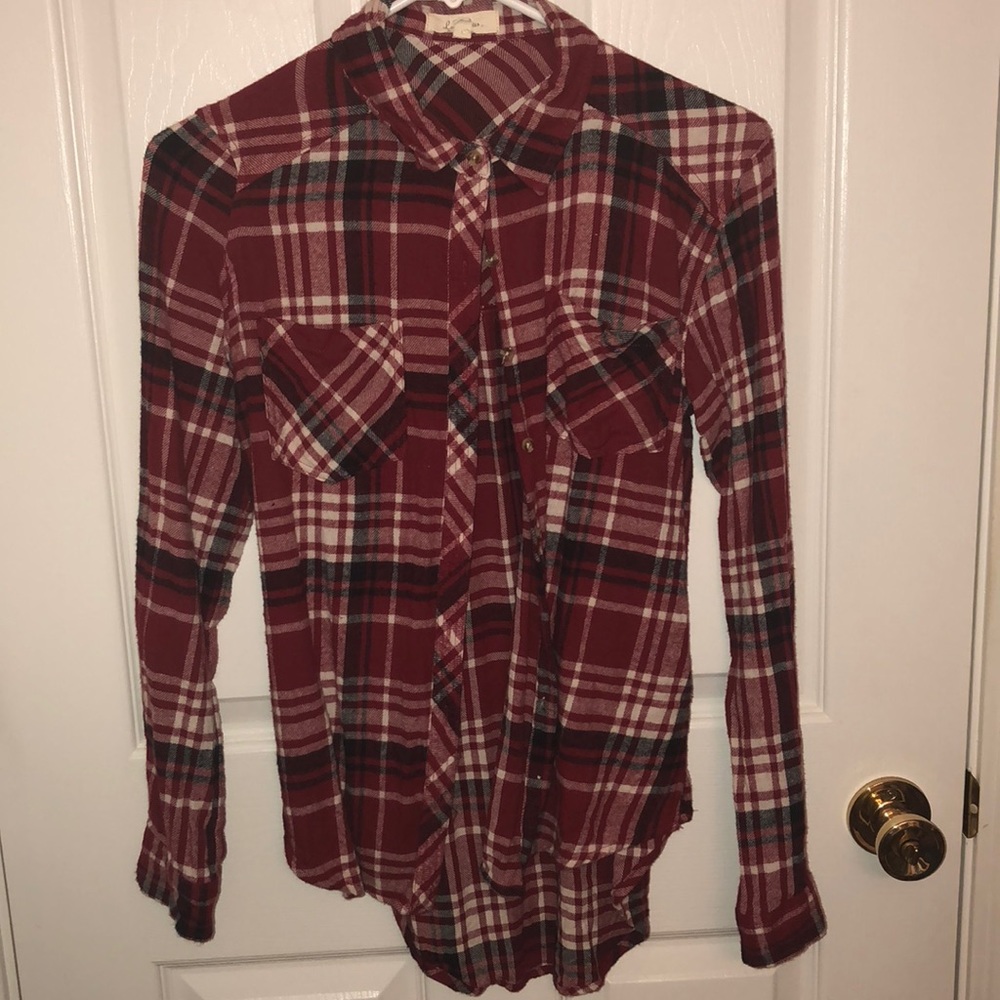 Red black and white plaid top