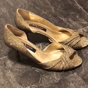 Nina Gold Glitter Peep Toe Heels Size 7
