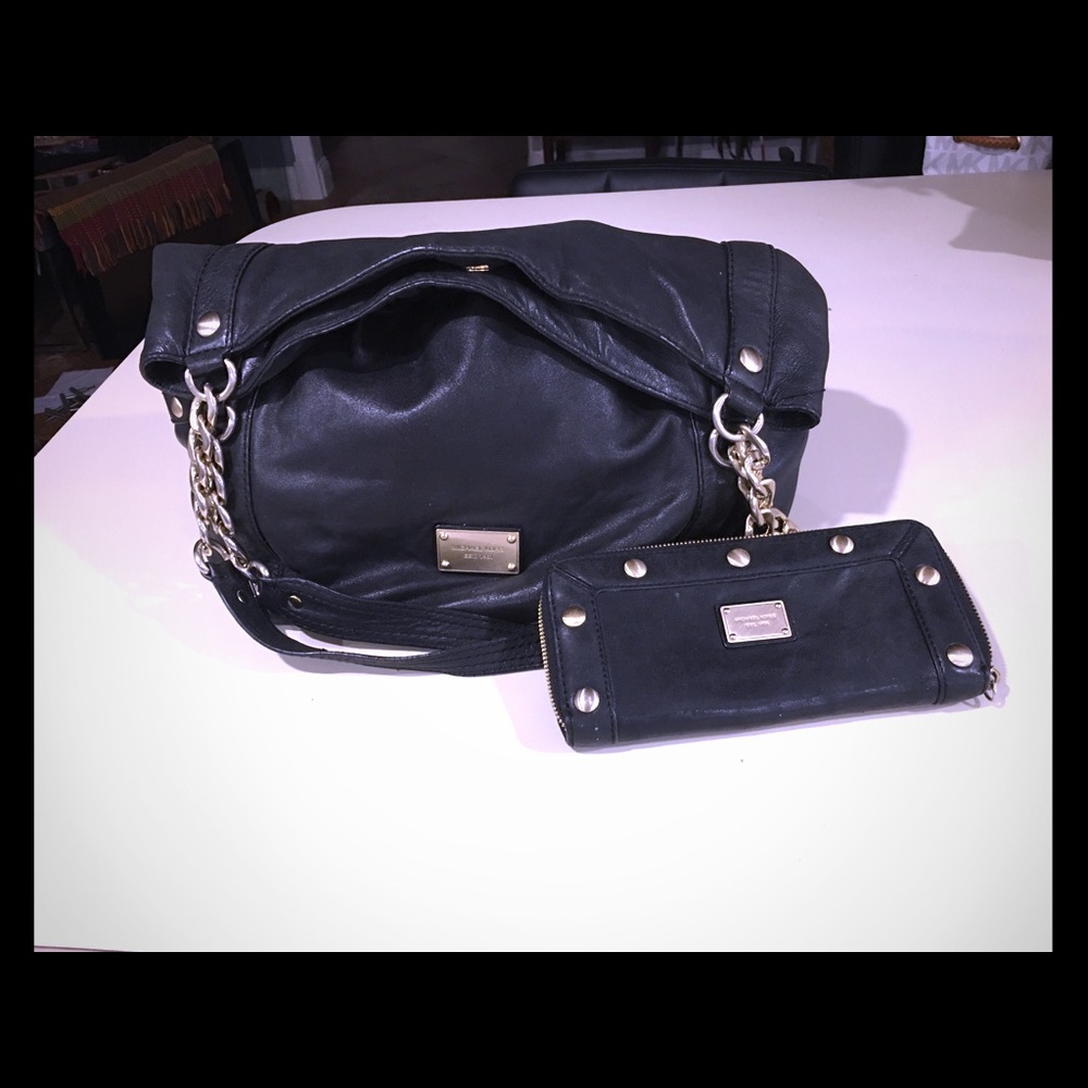Genuine Michael Kors black leather bag and wallet