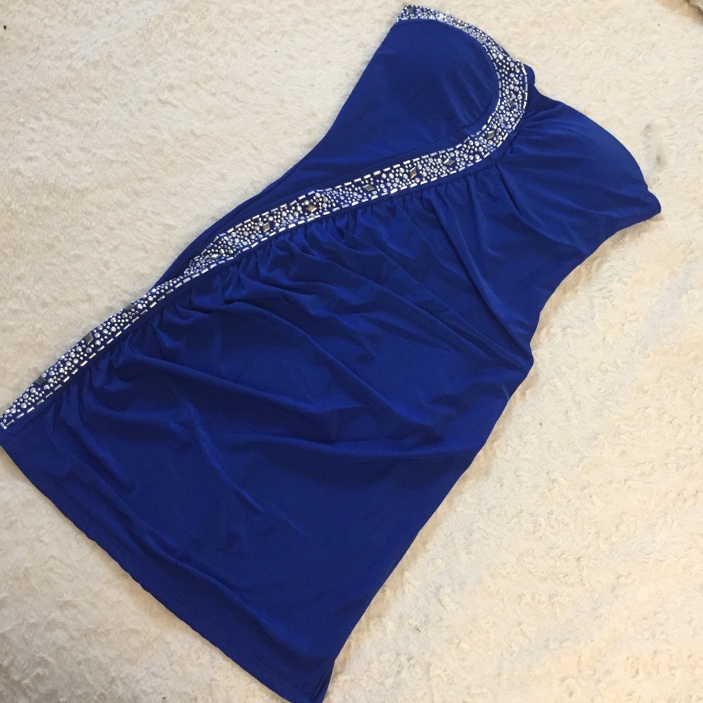 Blue studded strapless mini dress