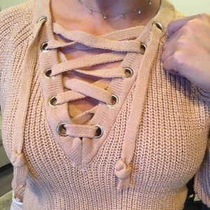 Tan Lace Up Sweater