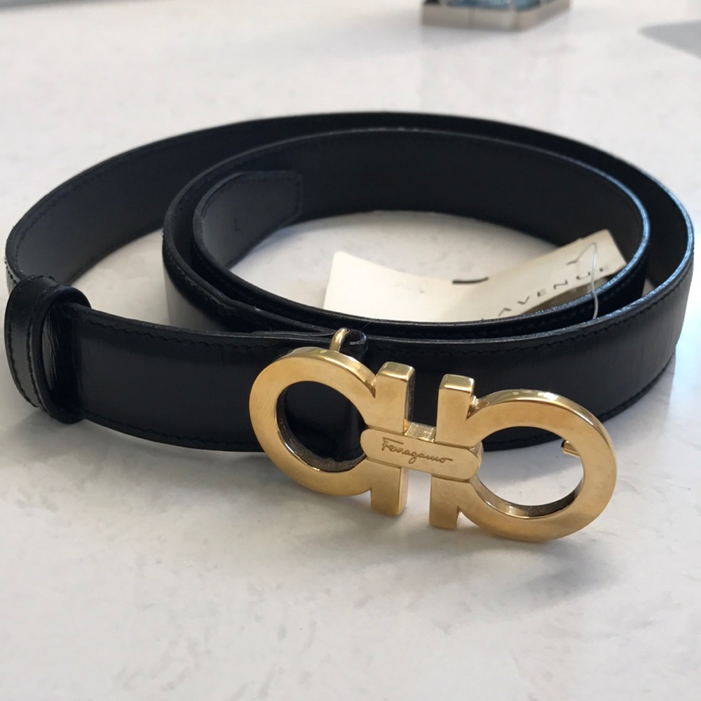 Brand New Ferragamo Black Belt with Gold Buckle