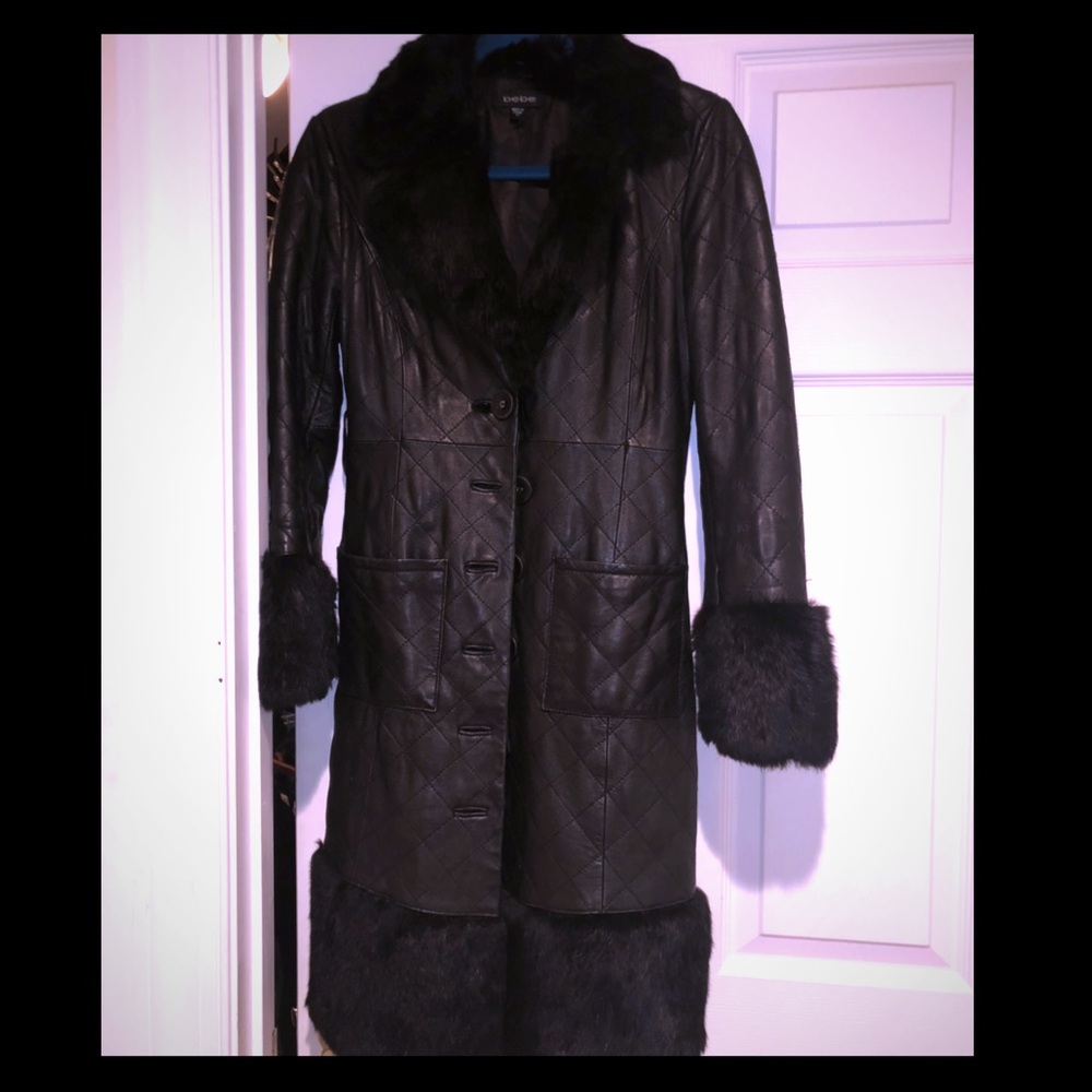 Beautiful BEBE rabbit fur leather coat