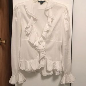 Ralph Lauren off white ruffle button up blouse