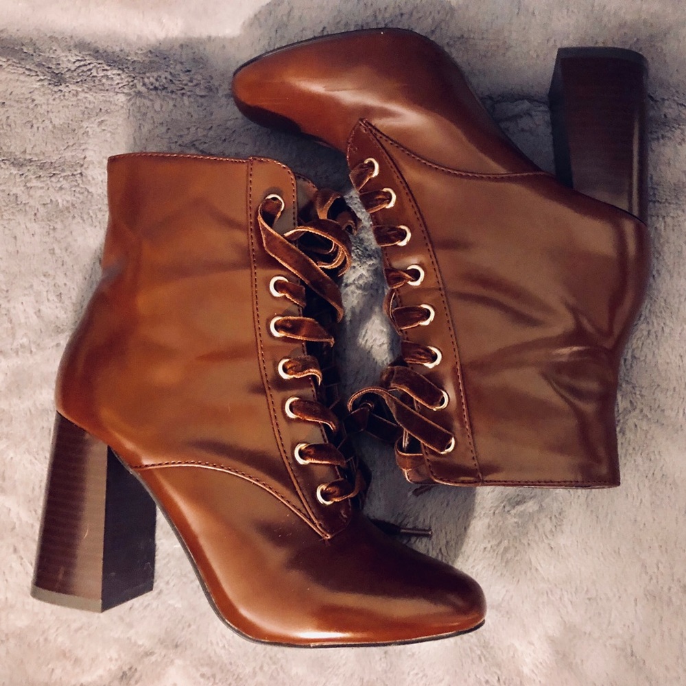 Cognac Brown Suede Lace Faux Leather Booties