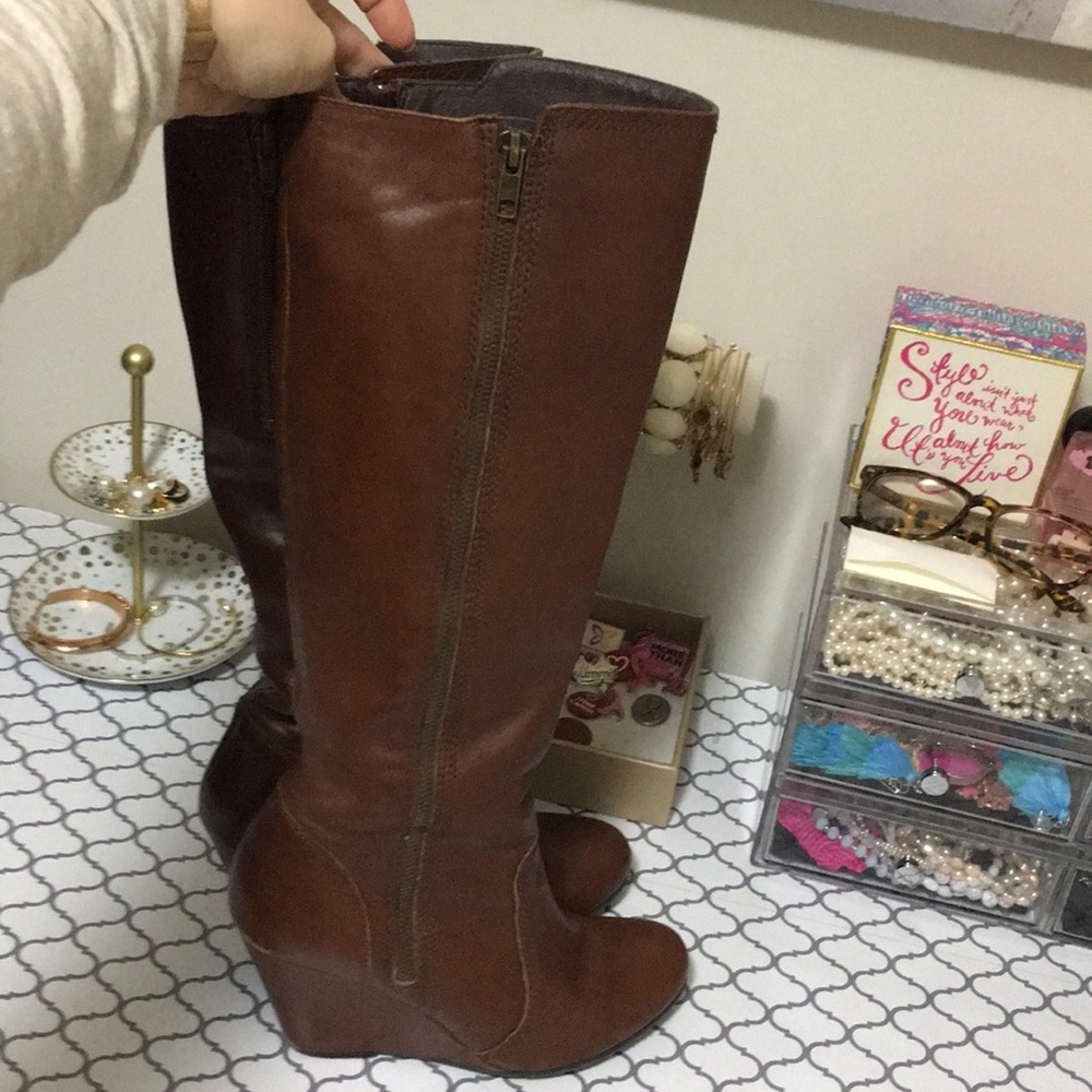 ALDO Brown leather wedge heel riding boots