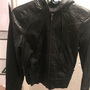 Women’s small black leather zip up