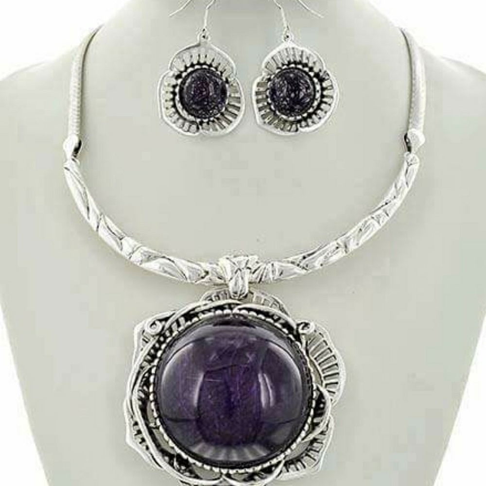 Purple Necklace and Earrings Set Statement Piece