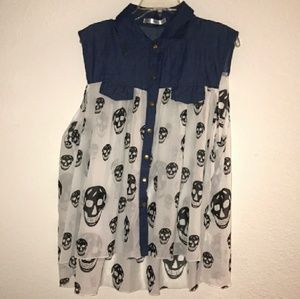 Sheer skull sleeveless tunic black white and blue