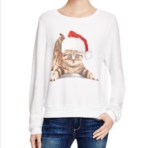 WILDFOX Meowy Christmas Kitten Soft Oversized Sweatshirt Sweater Clean White EUC