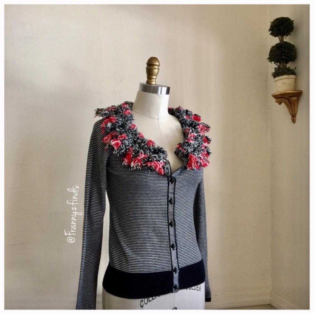 Cashmere Red Pom Fringe Striped Cardigan- S