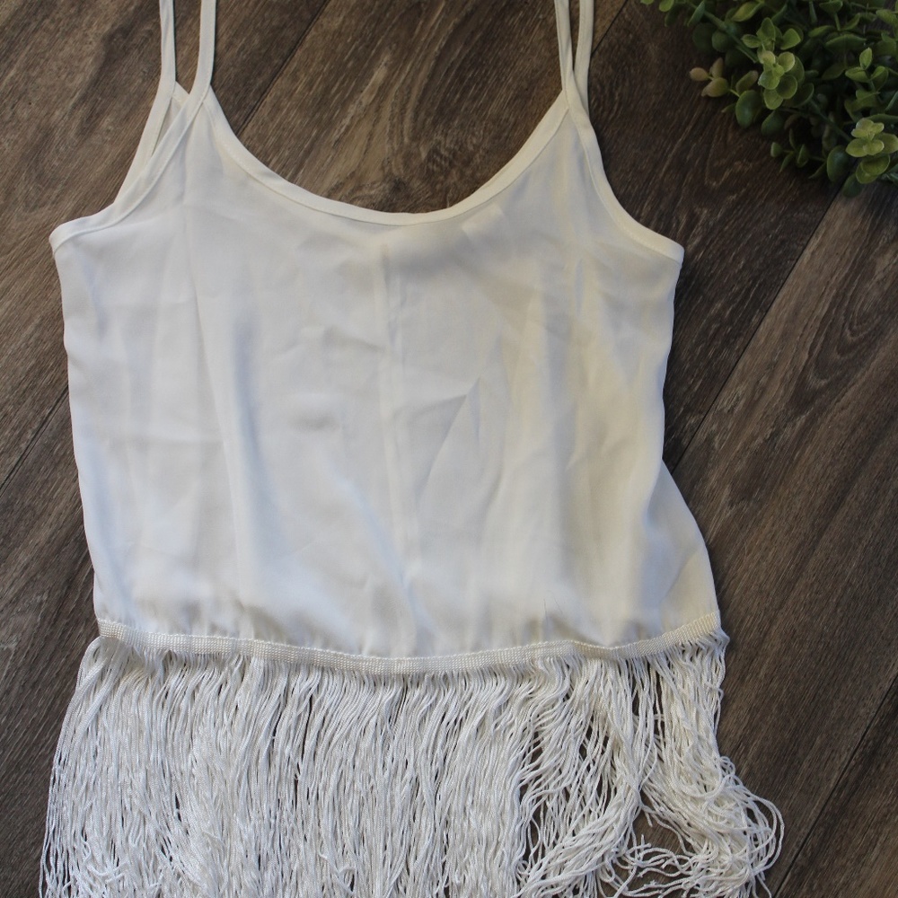 Cream Spaghetti Strap Top with Fringe & Open Back