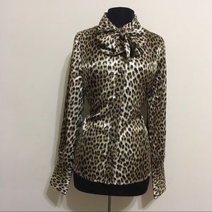 Designer Dennis Basso Animal Print Pussybow Blouse