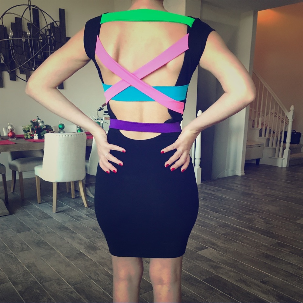 Sexy back neon straps mini dress
