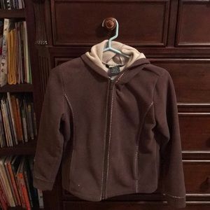 Brown fleece hooded jacket.  Very warm.