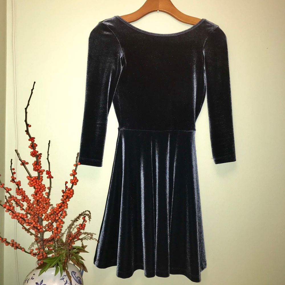 Smoky blue velvet swing dress with low back