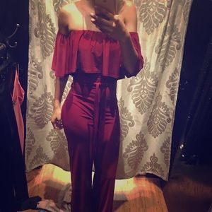 A wine red elegant loose fitting jumpsuit