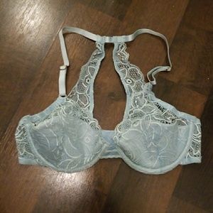 Baby Blue Lace Racerback Bra with Satin Cups