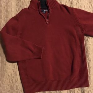 Boys Red 3/4 Sweater with navy fur trim at neck