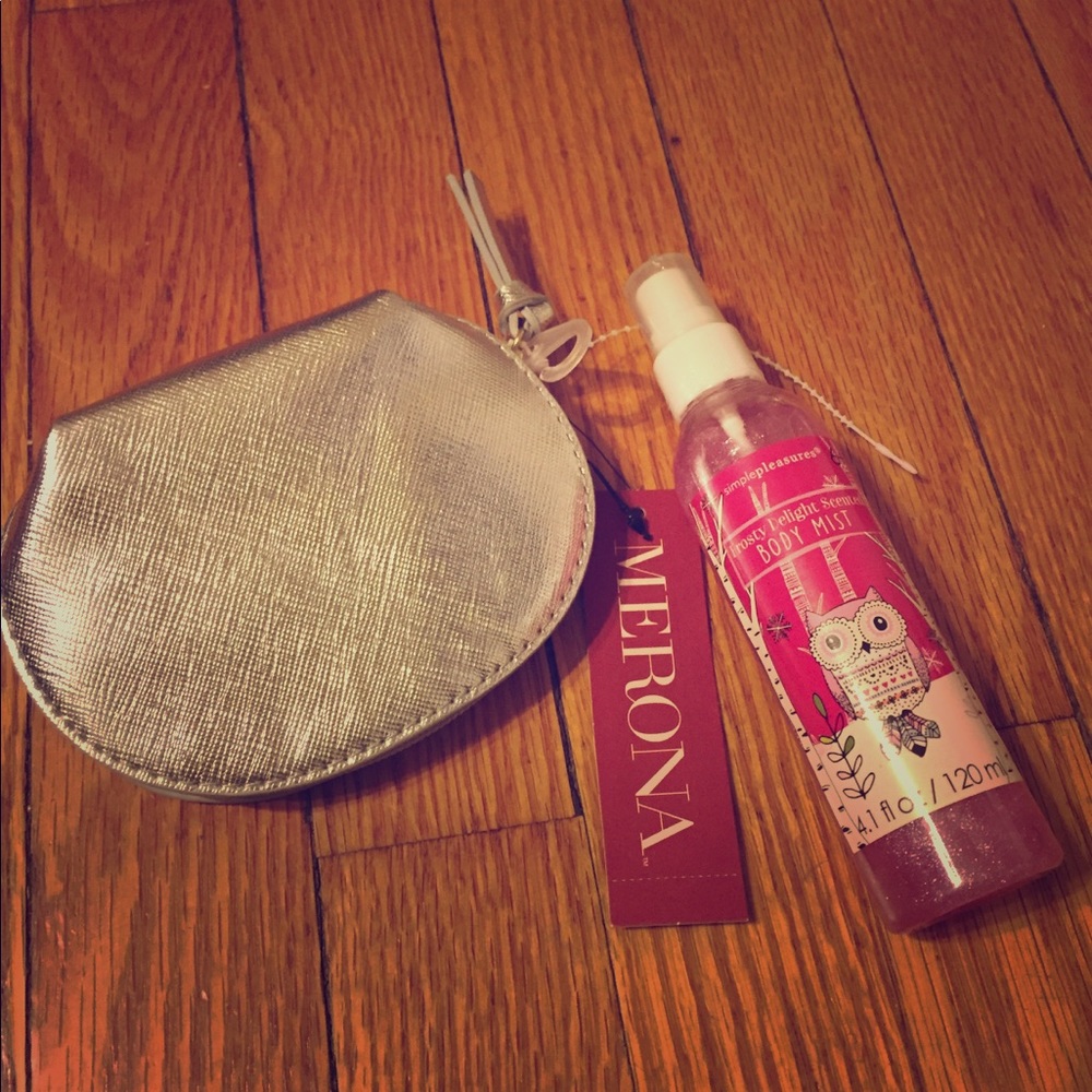 Shimmery body mist and Merona silver pouch