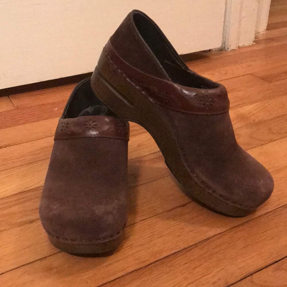 Brown suede dansko clogs