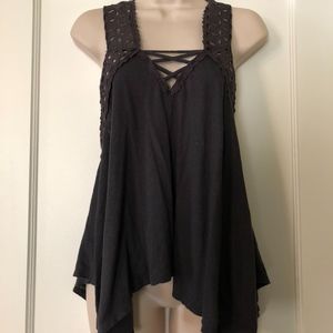 FREE PEOPLE Grey Cross Back Tank with Lace Detail
