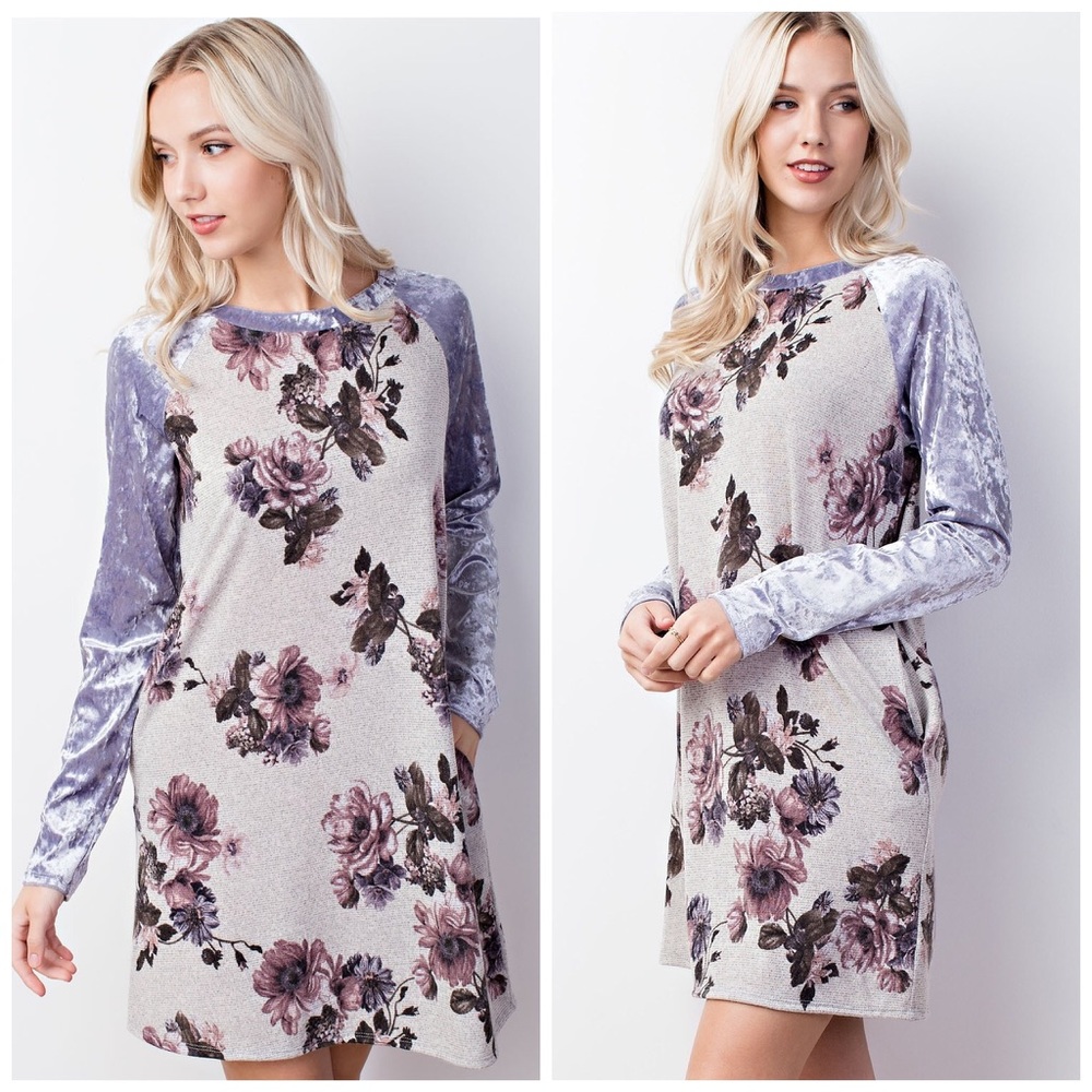 LAST 1! 💕Crushed Velvet/Knit Floral Pocket Dress - Picture 2 of 4