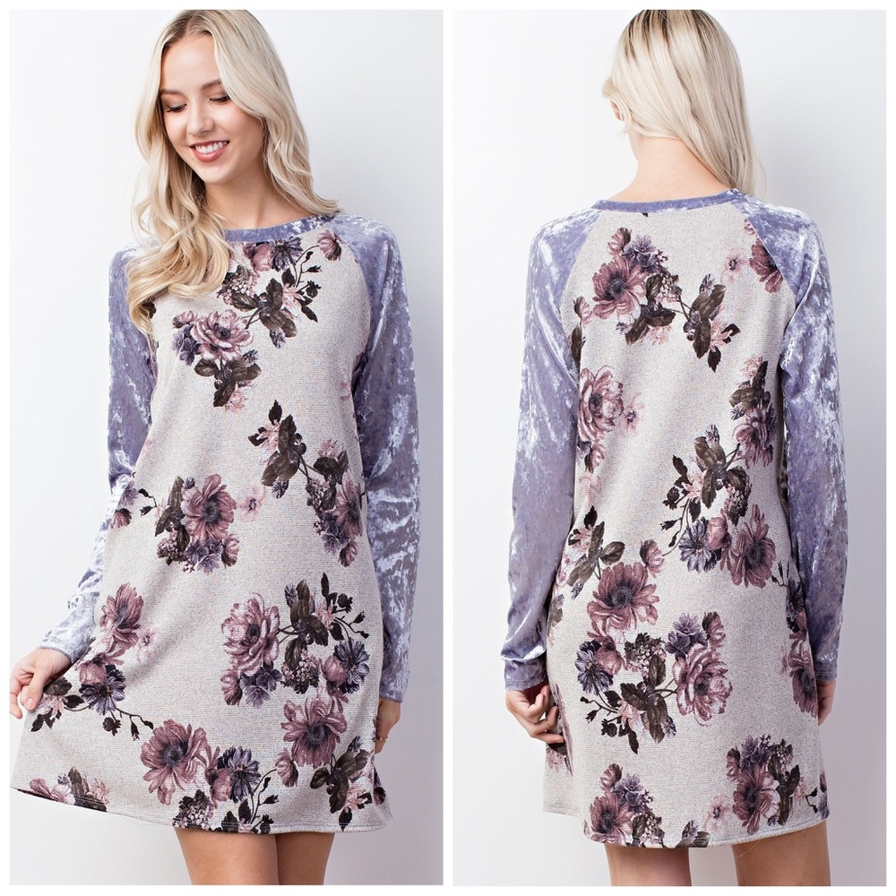 LAST 1! 💕Crushed Velvet/Knit Floral Pocket Dress - Picture 4 of 4