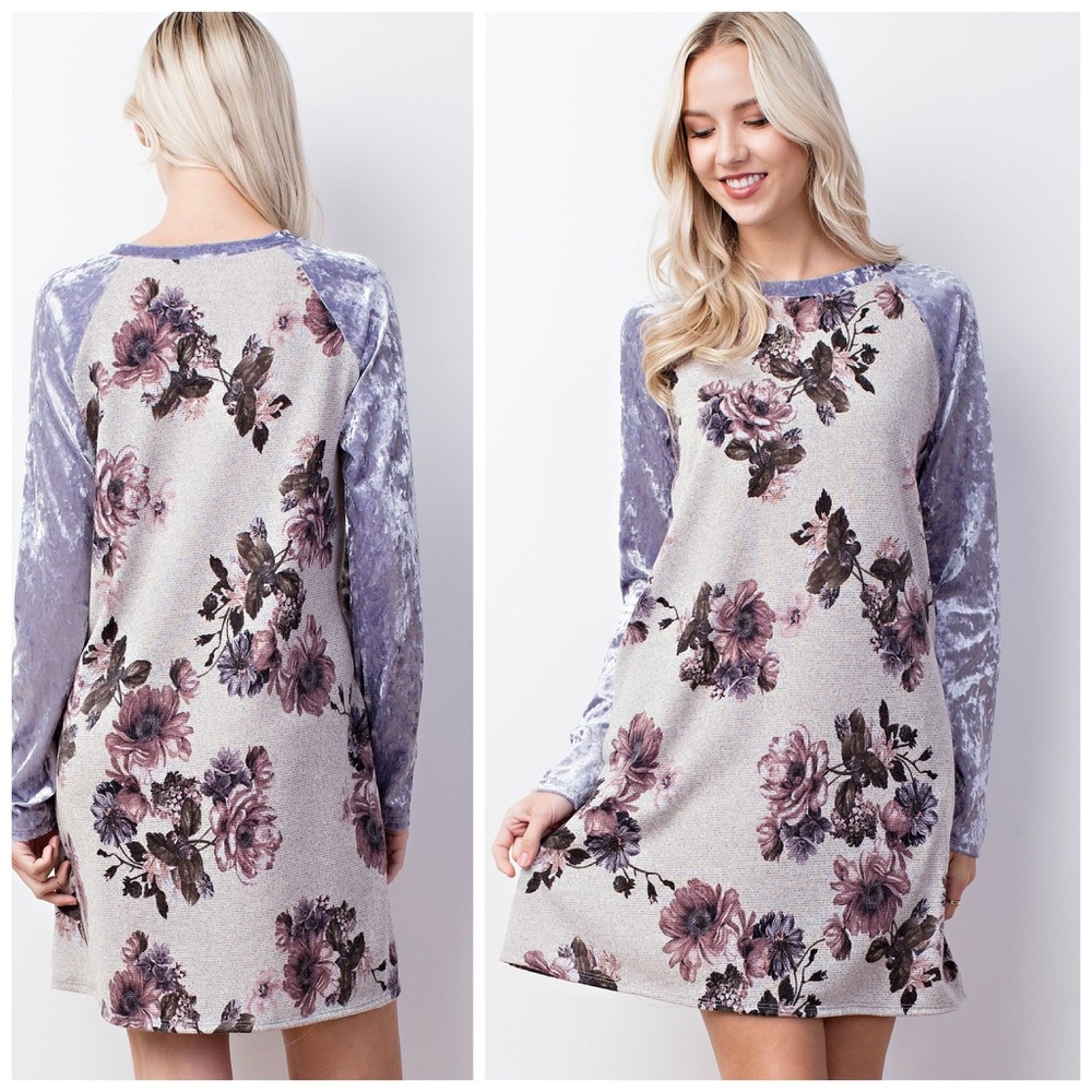 LAST 1! 💕Crushed Velvet/Knit Floral Pocket Dress - Picture 3 of 4
