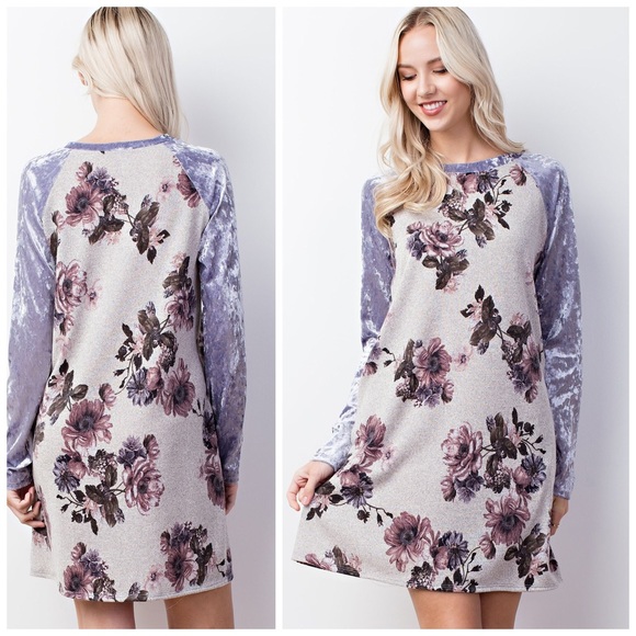 LAST 1! ๐Crushed Velvet/Knit Floral Pocket Dress - Picture 3 of 4