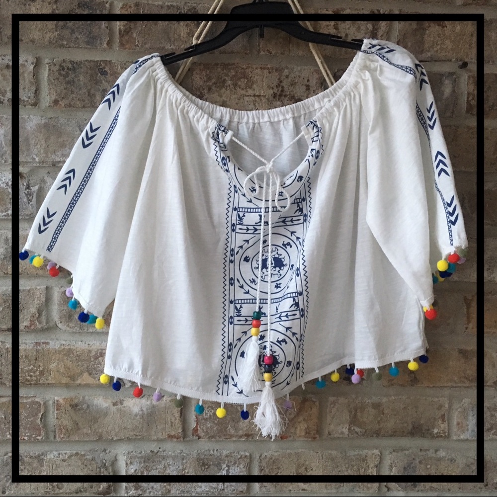 🆕 WHITE PEASANT CROP TOP WITH COLOR POM POM TRIM