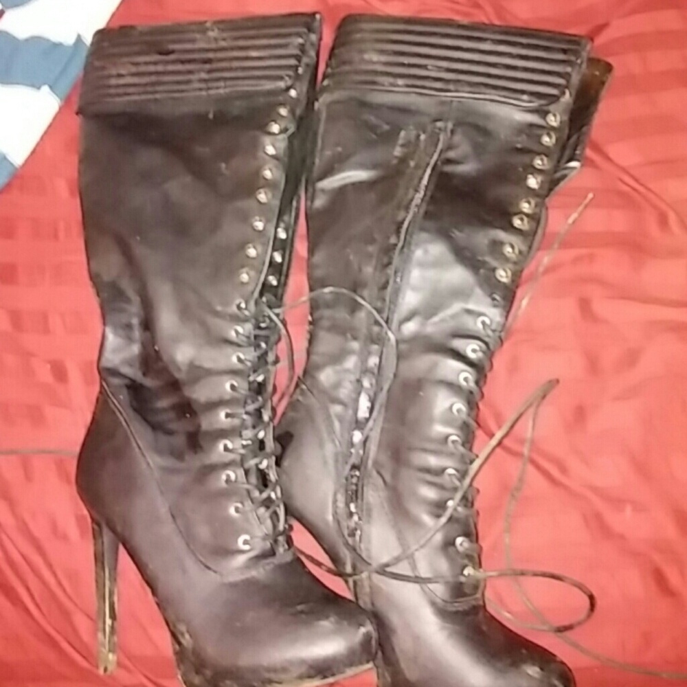 Lace front zip up high heeled boots