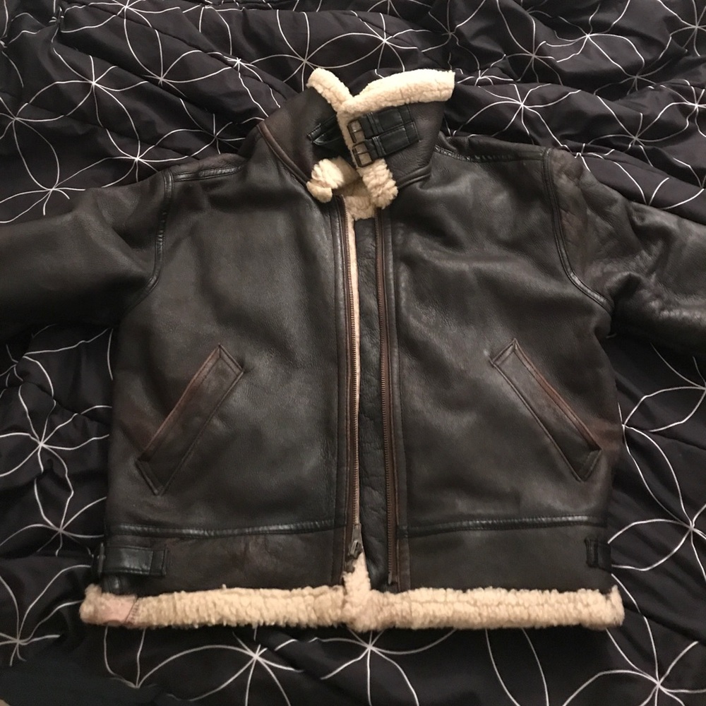 XL sheepskin bomber coat.