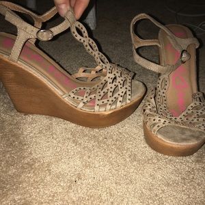 tan wedges studded with champagne pink gems