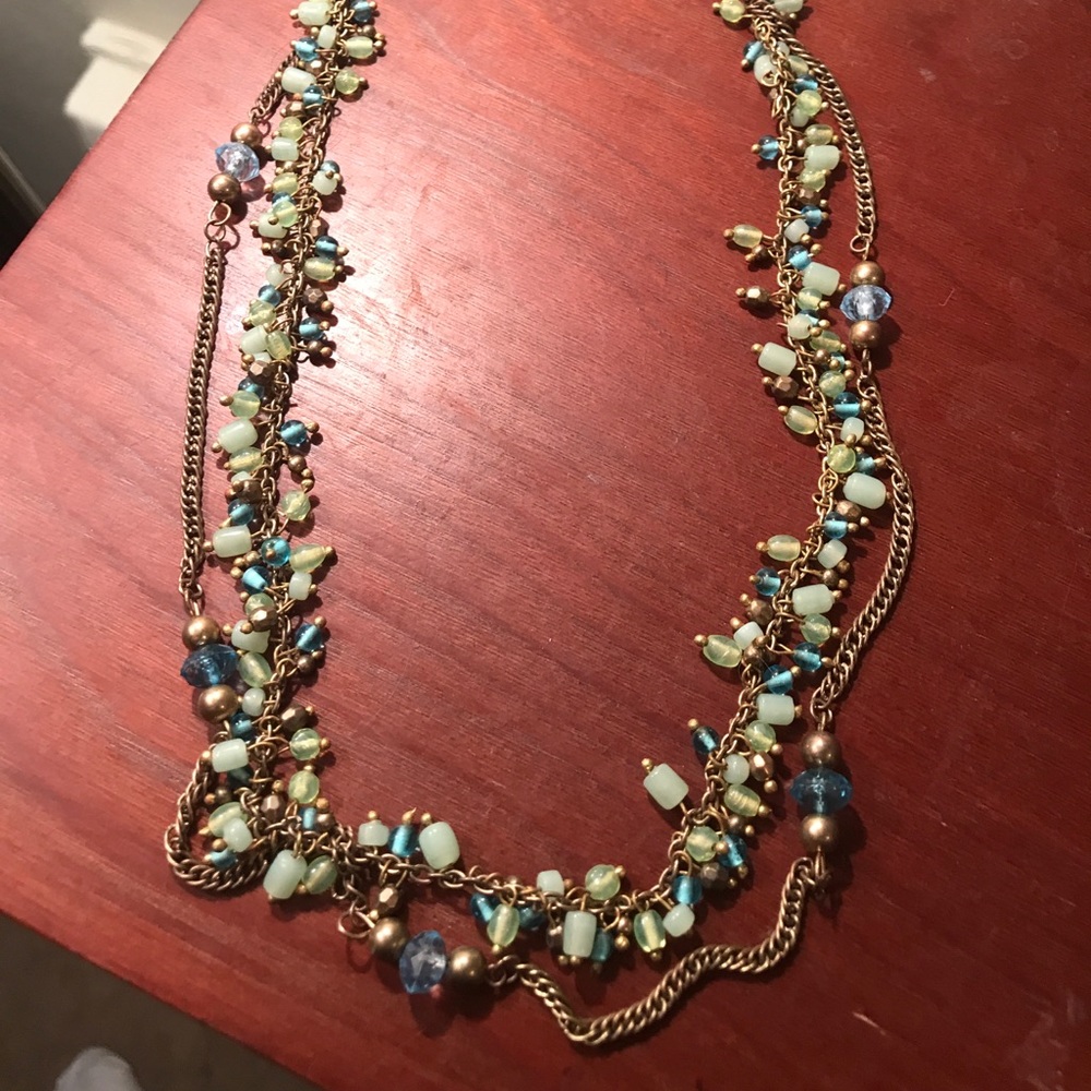 green & turquoise beaded & gold chain necklace