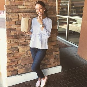 Blue and White striped Peplum top NWOT