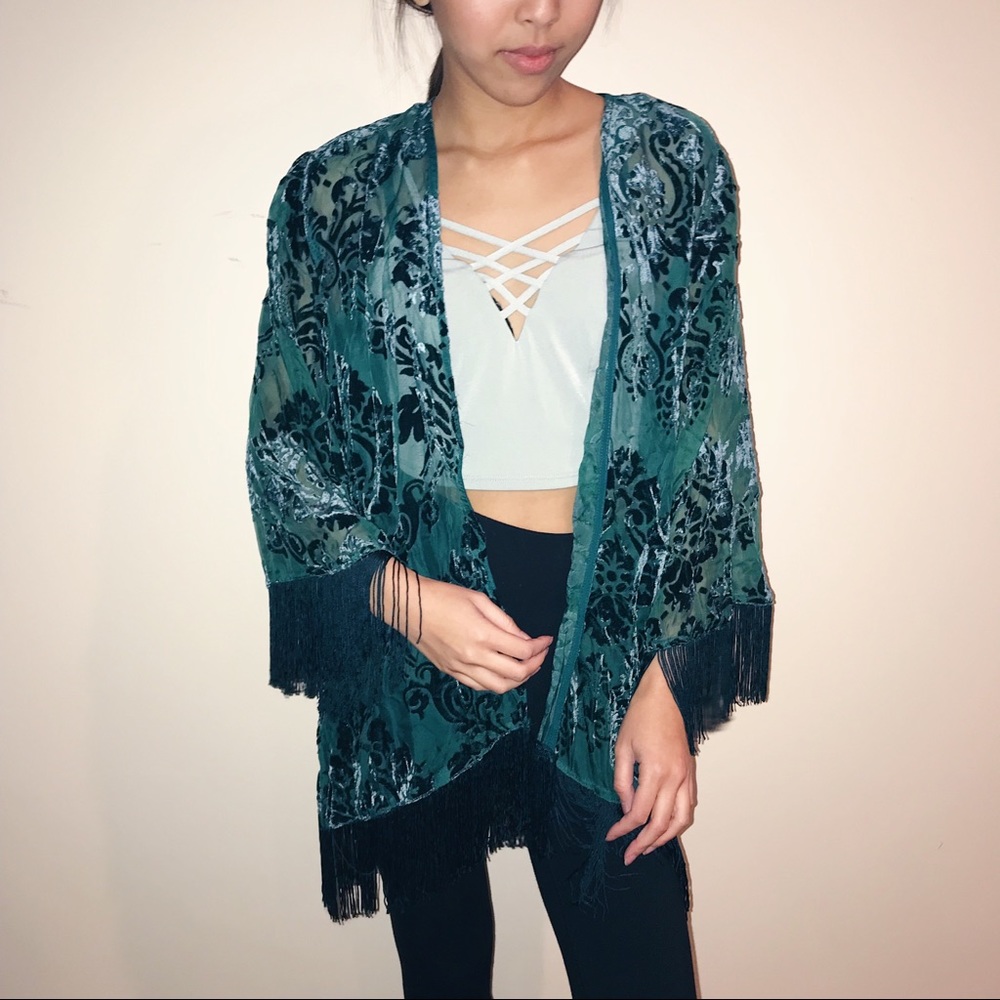 Turquoise fringe velvet kimono