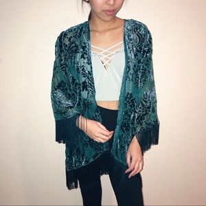Turquoise fringe velvet kimono