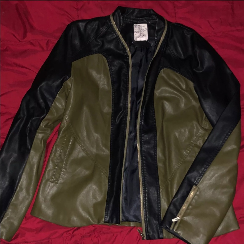Olive Green and Black Moto Leather Jacket