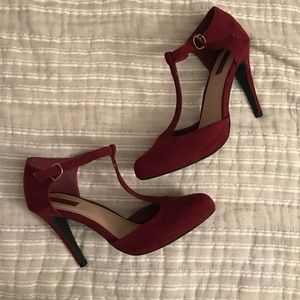 T strap heels red suede.