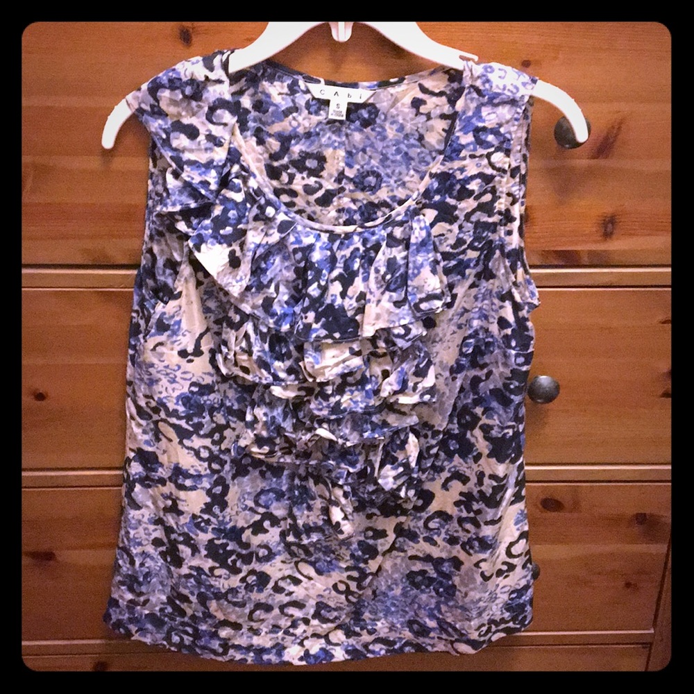 CAbi Blue Ruffle Printed Silk Tank