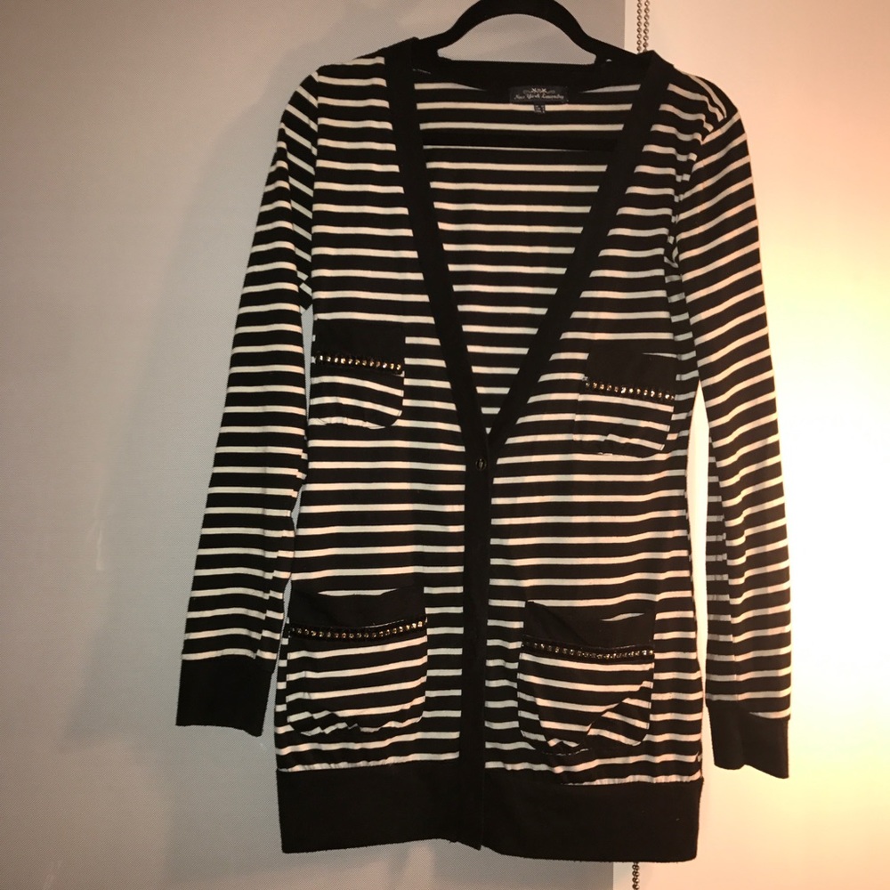 Black and white striped long cardigan