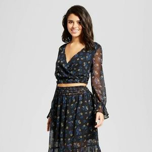 Black Woven Long Sheer Sleeve Crop Top