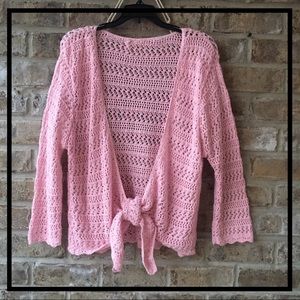 CROCHET SWEATER TIE FRONT & LONG SLEEVES in PINK