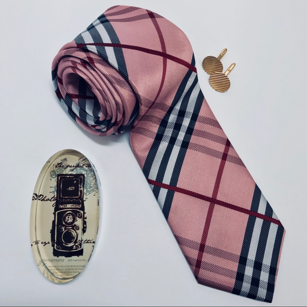 Authentic Burberry Silk Tie Pink Gray Nova Plaid