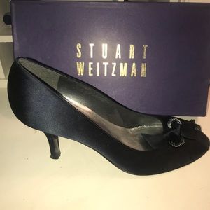 Stuart Weitzman Navy Satin Peep Toe Heels
