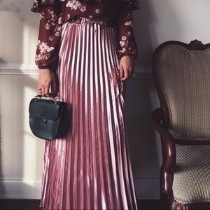 Pleated Metallic Pink Maxi Skirt NWT