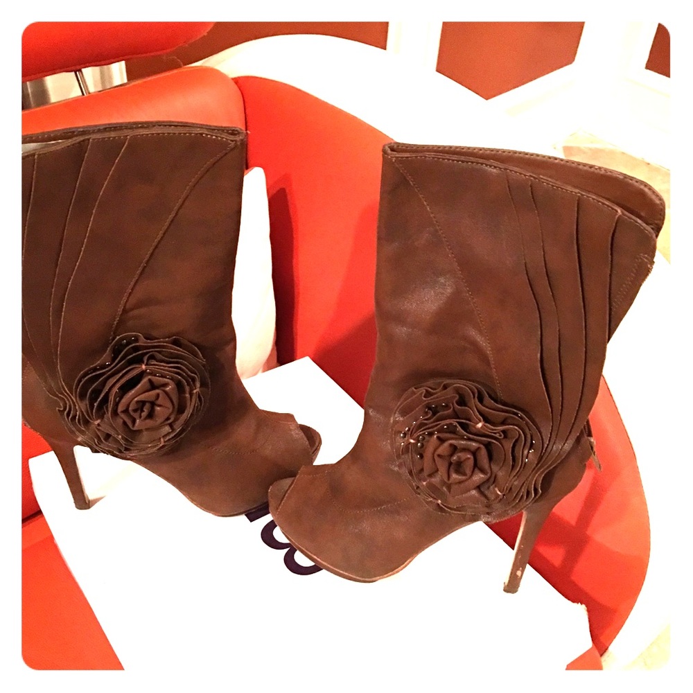 Brown peep toe booties
