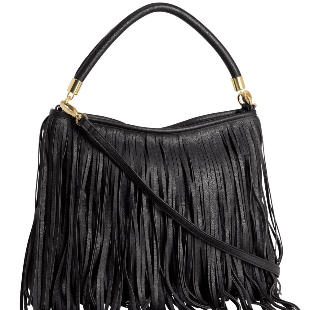 Black leather fringe handbag